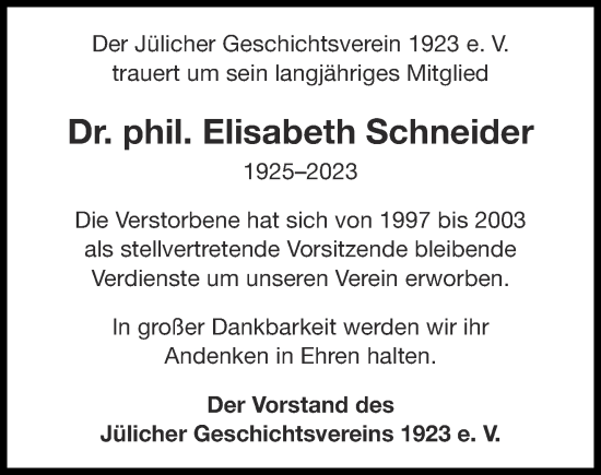 Traueranzeige von Elisabeth Schneider von Aachener Zeitung
