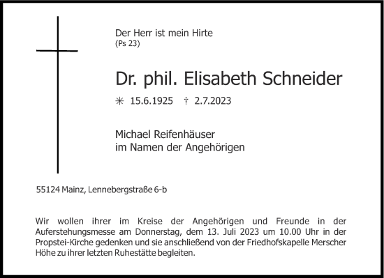 Traueranzeige von Elisabeth Schneider von Aachener Zeitung