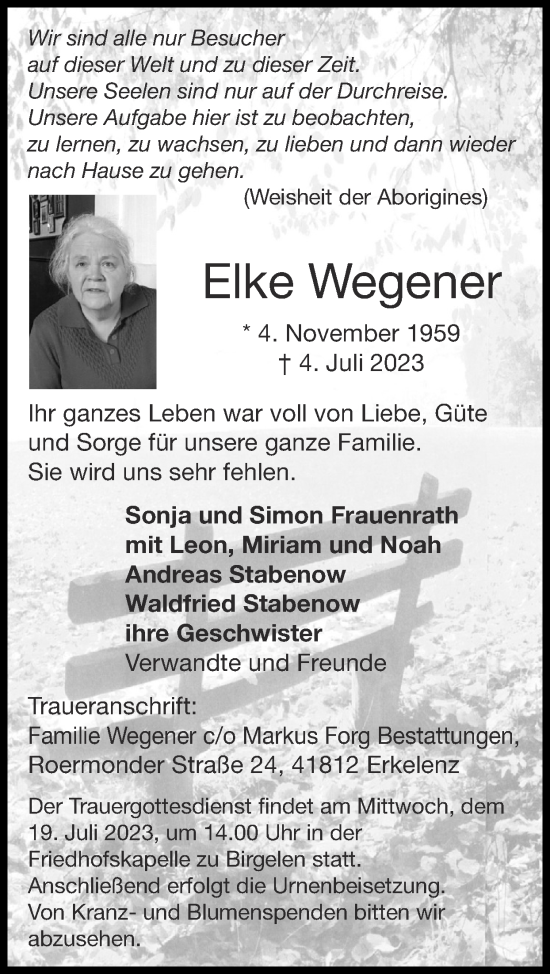 Traueranzeige von Elke Wegener von Zeitung am Sonntag