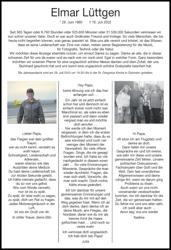 Traueranzeige von Elmar Lüttgen von Zeitung am Sonntag