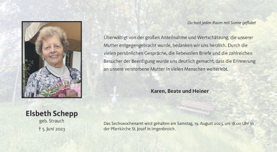 Traueranzeige von Elsbeth Schepp von Zeitung am Sonntag