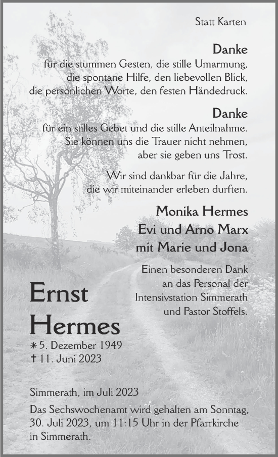 Traueranzeige von Ernst Hermes von Zeitung am Sonntag