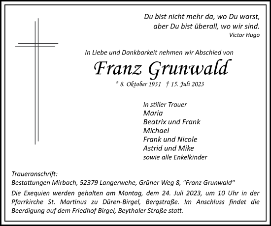 Traueranzeige von Franz Grunwald von Zeitung am Sonntag