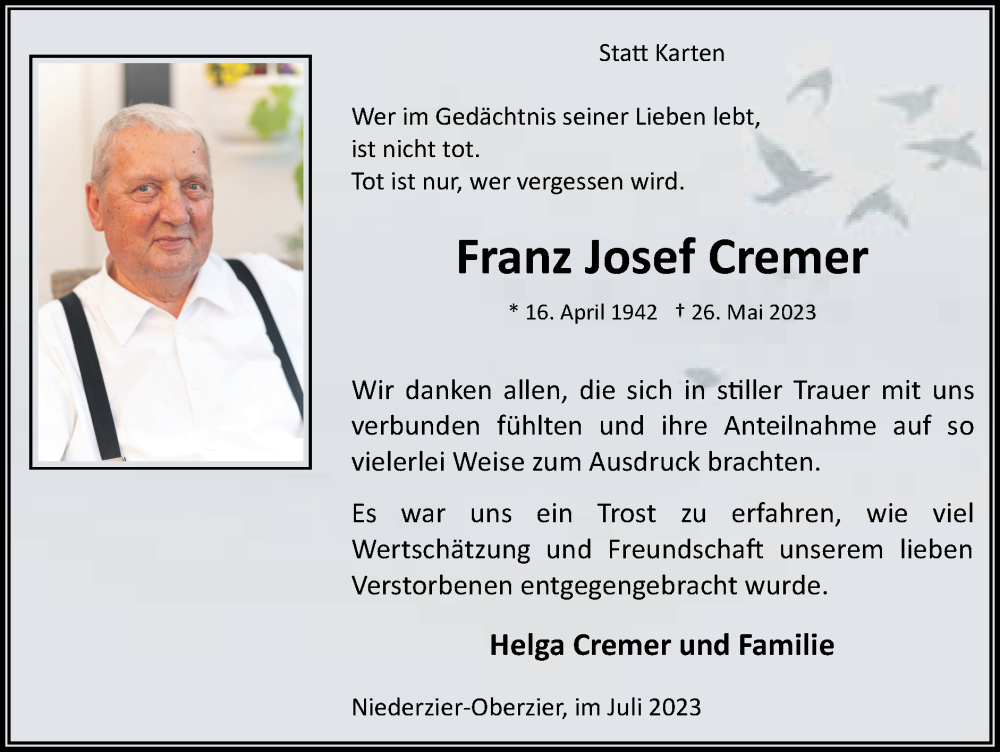  Traueranzeige für Franz Josef Cremer vom 09.07.2023 aus Zeitung am Sonntag