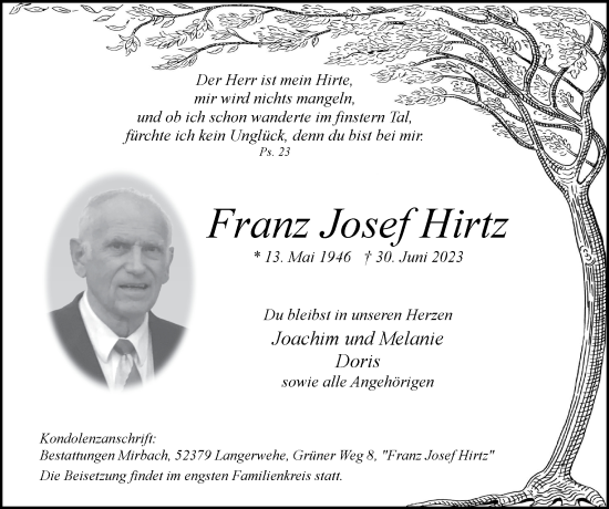 Traueranzeige von Franz Josef Hirtz von Zeitung am Sonntag