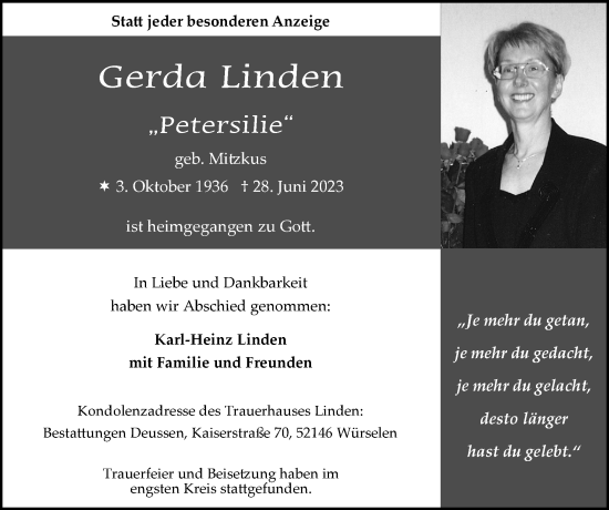 Traueranzeige von Gerda Linden von Zeitung am Sonntag