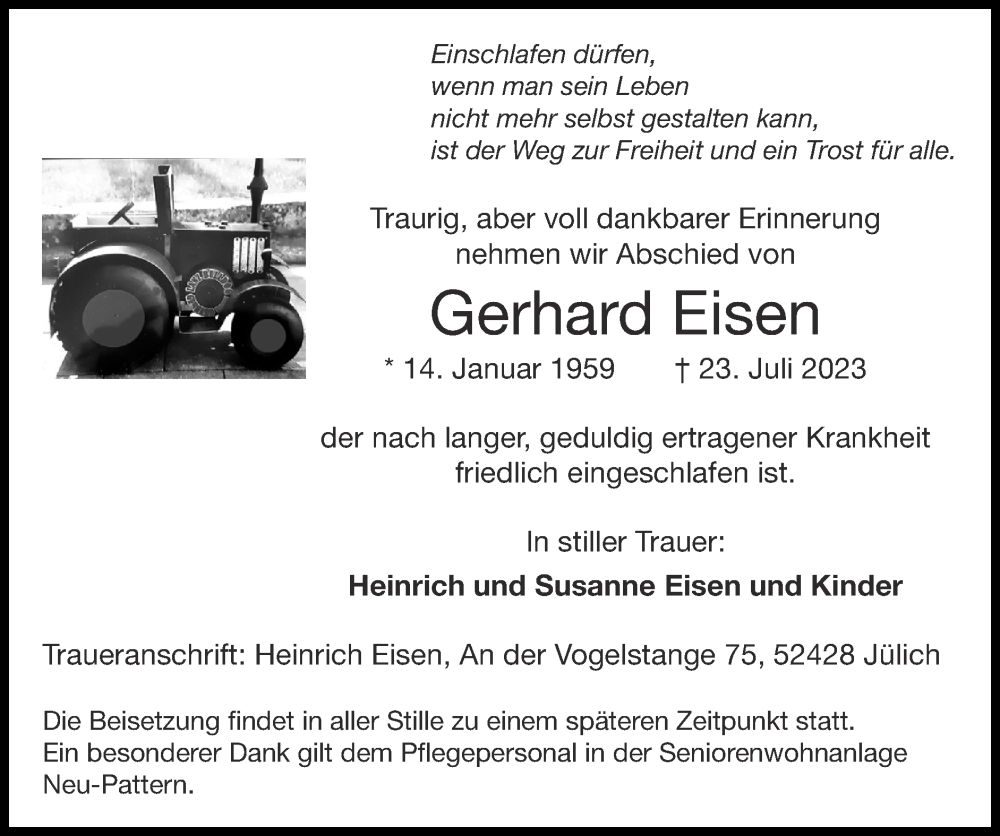  Traueranzeige für Gerhard Eisen vom 30.07.2023 aus Zeitung am Sonntag