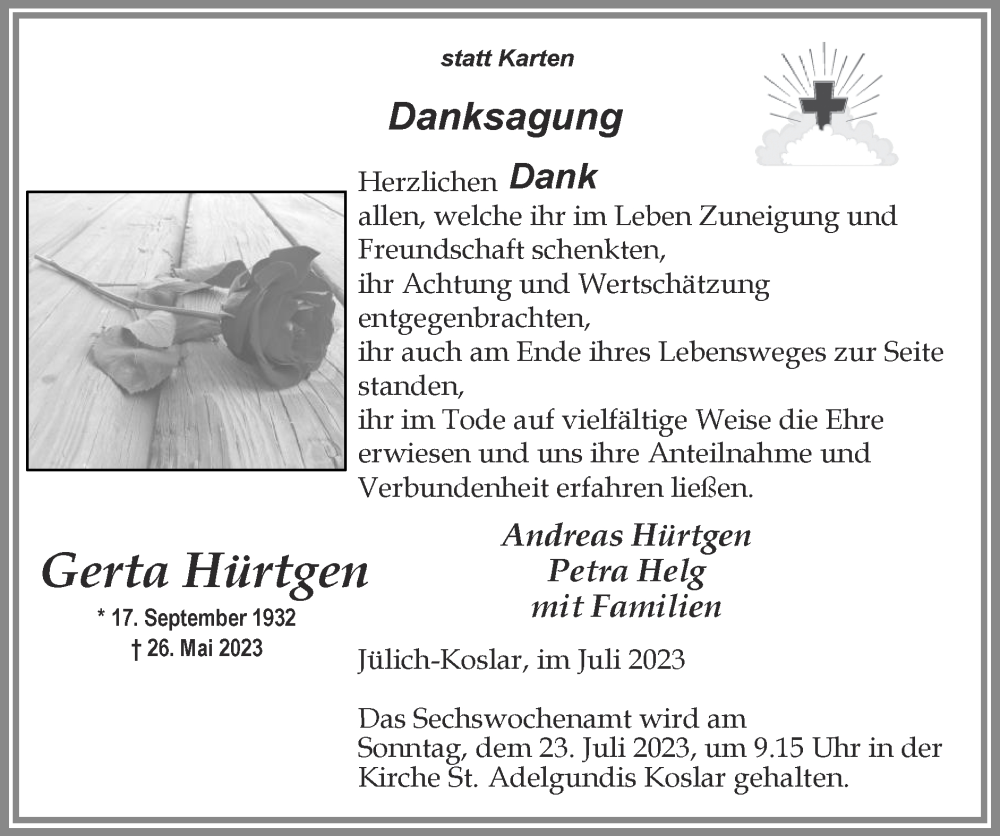  Traueranzeige für Gerta Hürtgen vom 16.07.2023 aus Zeitung am Sonntag