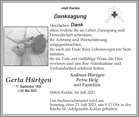 Traueranzeige von Gerta Hürtgen von Zeitung am Sonntag