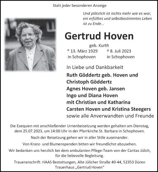 Traueranzeige von Gertrud Hoven von Zeitung am Sonntag