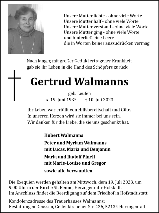 Traueranzeige von Gertrud Walmanns von Zeitung am Sonntag