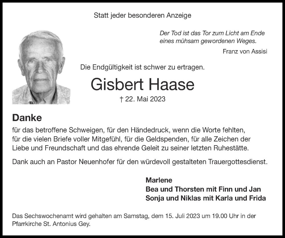  Traueranzeige für Gisbert Haase vom 09.07.2023 aus Zeitung am Sonntag
