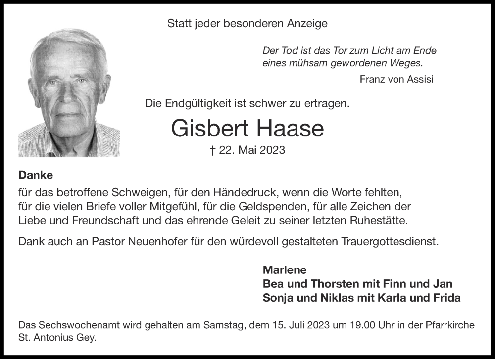  Traueranzeige für Gisbert Haase vom 08.07.2023 aus Aachener Zeitung
