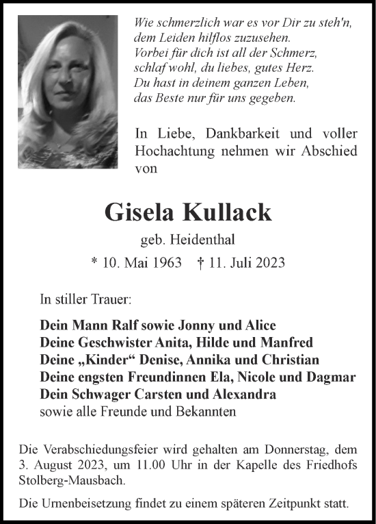 Traueranzeige von Gisela Kullack von Zeitung am Sonntag