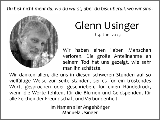 Traueranzeige von Glenn Usinger von Zeitung am Sonntag