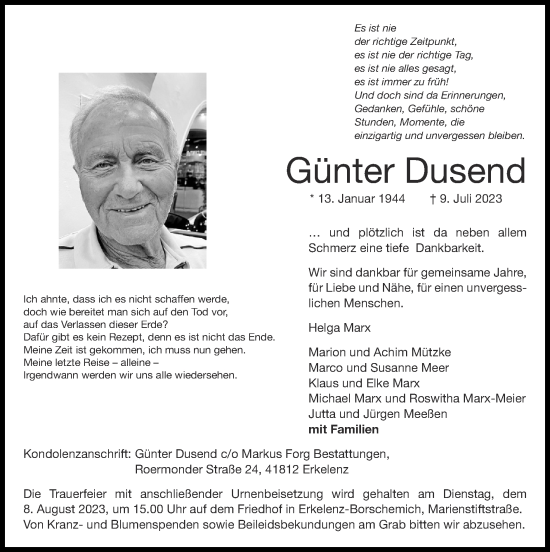 Traueranzeige von Günter Dusend von Zeitung am Sonntag