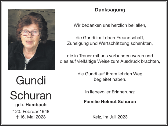 Traueranzeige von Gundi Schuran von Zeitung am Sonntag