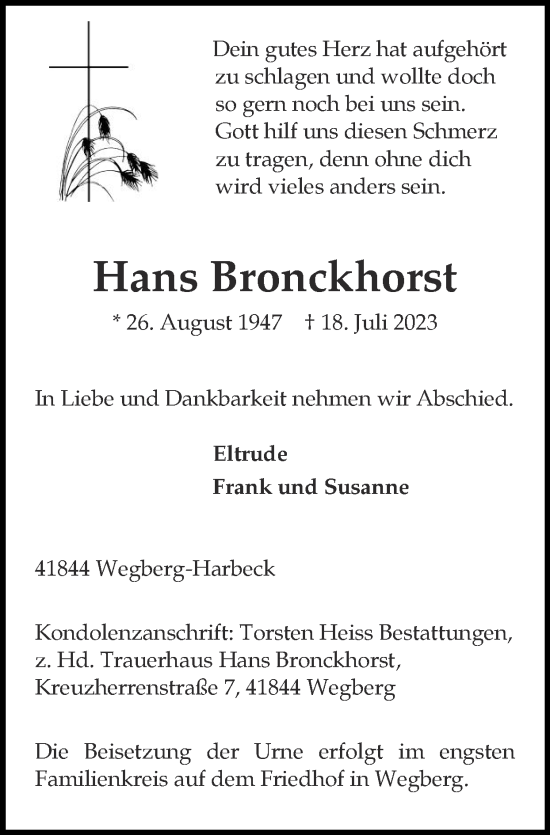 Traueranzeige von Hans Bronckhorst von Zeitung am Sonntag