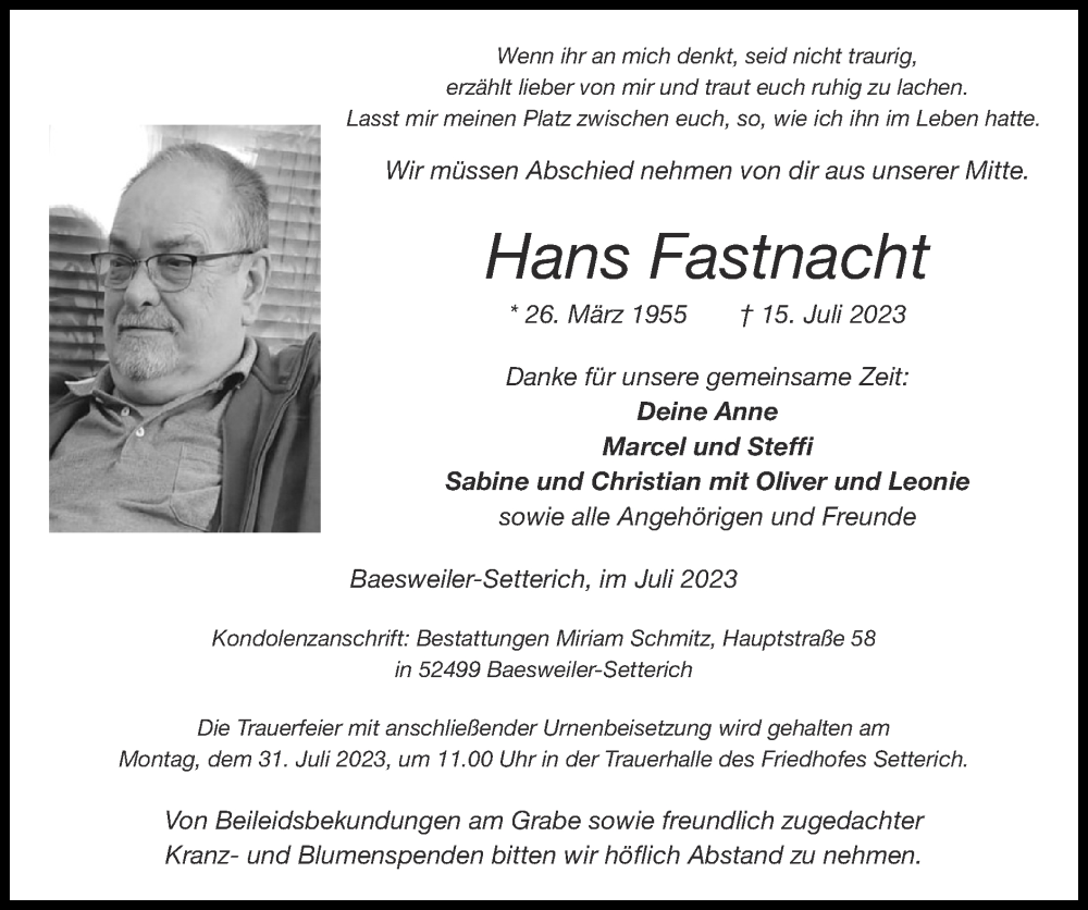  Traueranzeige für Hans Fastnacht vom 23.07.2023 aus Zeitung am Sonntag