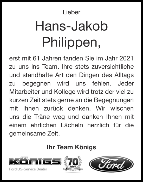 Traueranzeige von Hans-Jakob Philippen von Zeitung am Sonntag