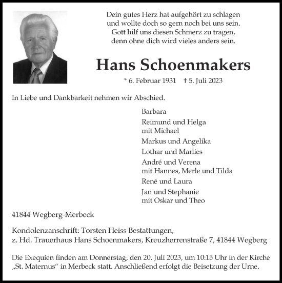Traueranzeige von Hans Schoenmakers von Zeitung am Sonntag