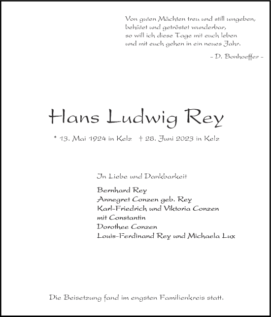 Traueranzeige von Hans Ludwig Rey von Zeitung am Sonntag
