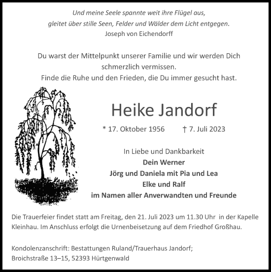 Traueranzeige von Heike Jandorf von Zeitung am Sonntag