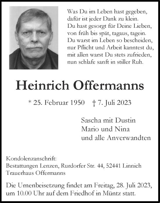 Traueranzeige von Heinrich Offermanns von Zeitung am Sonntag