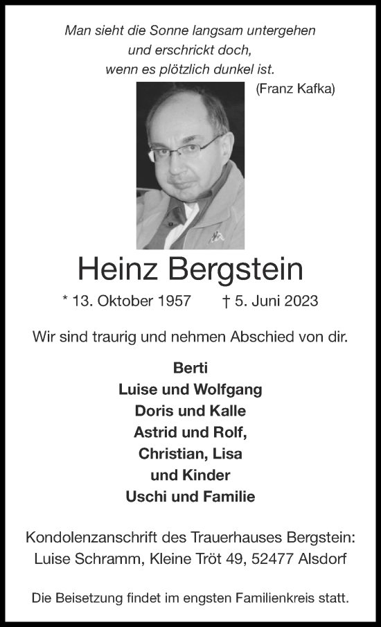 Traueranzeige von Heinz Bergstein von Zeitung am Sonntag