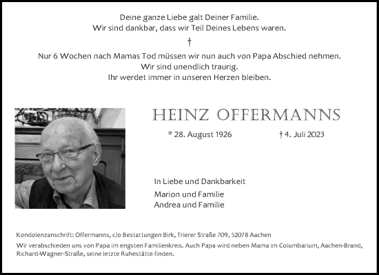 Traueranzeige von Heinz Offermanns von Aachener Zeitung