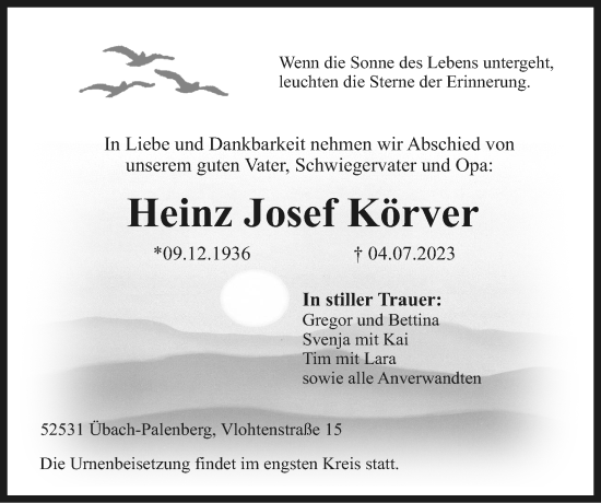 Traueranzeige von Heinz Josef Körver von Zeitung am Sonntag