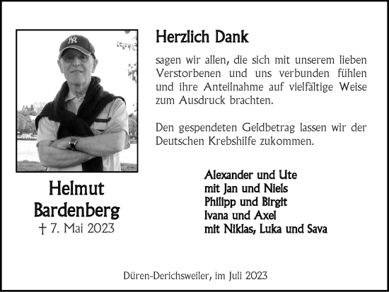 Traueranzeige von Helmut Bardenberg von Zeitung am Sonntag