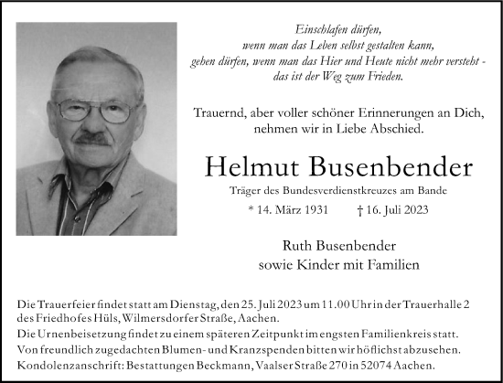Traueranzeige von Helmut Busenbender von Aachener Zeitung