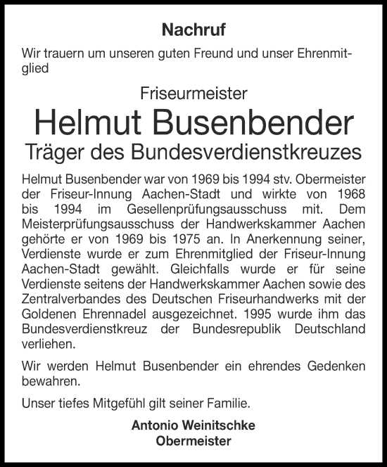 Traueranzeige von Helmut Busenbender von Aachener Zeitung