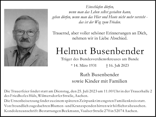 Traueranzeige von Helmut Busenbender von Zeitung am Sonntag