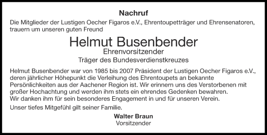 Traueranzeige von Helmut Busenbender von Aachener Zeitung