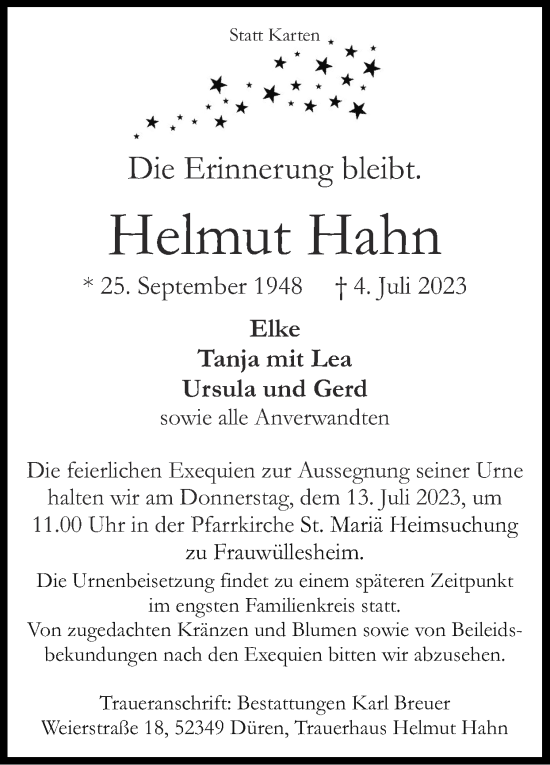 Traueranzeige von Helmut Hahn von Zeitung am Sonntag