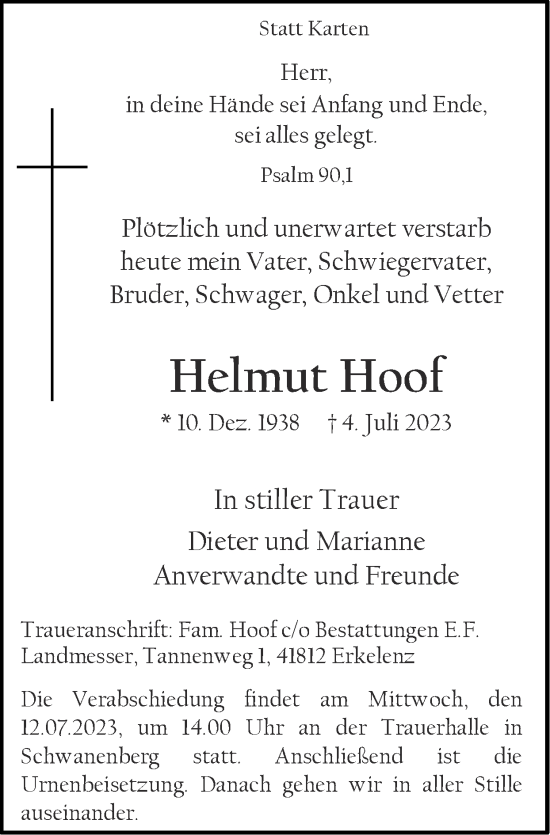 Traueranzeige von Helmut Hoof von Zeitung am Sonntag