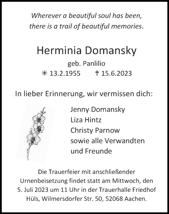 Traueranzeige von Herminia Domansky von Zeitung am Sonntag