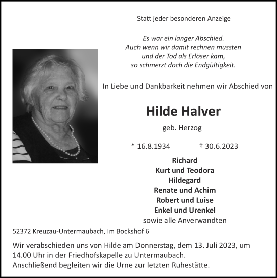 Traueranzeige von Hilde Halver von Zeitung am Sonntag