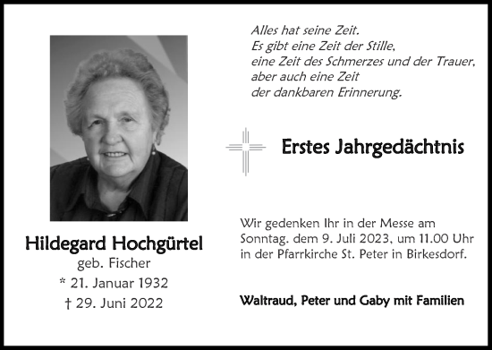 Traueranzeige von Hildegard Hochgürtel von Zeitung am Sonntag
