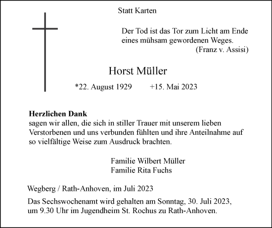 Traueranzeige von Horst Müller von Zeitung am Sonntag