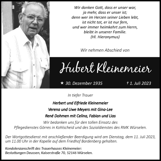 Traueranzeige von Hubert Kleinemeier von Zeitung am Sonntag