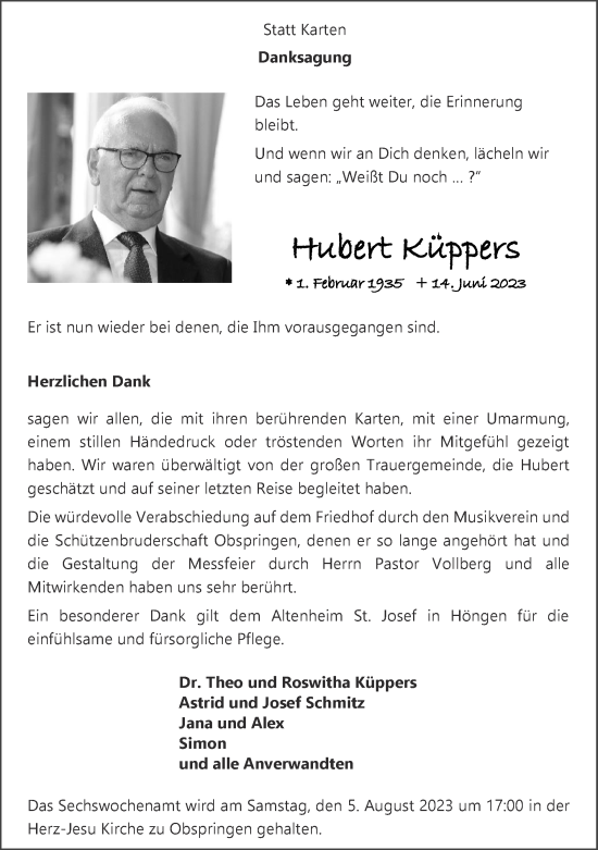 Traueranzeige von Hubert Küppers von Zeitung am Sonntag