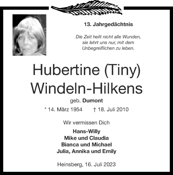 Traueranzeige von Hubertine Windeln-Hilkens von Zeitung am Sonntag