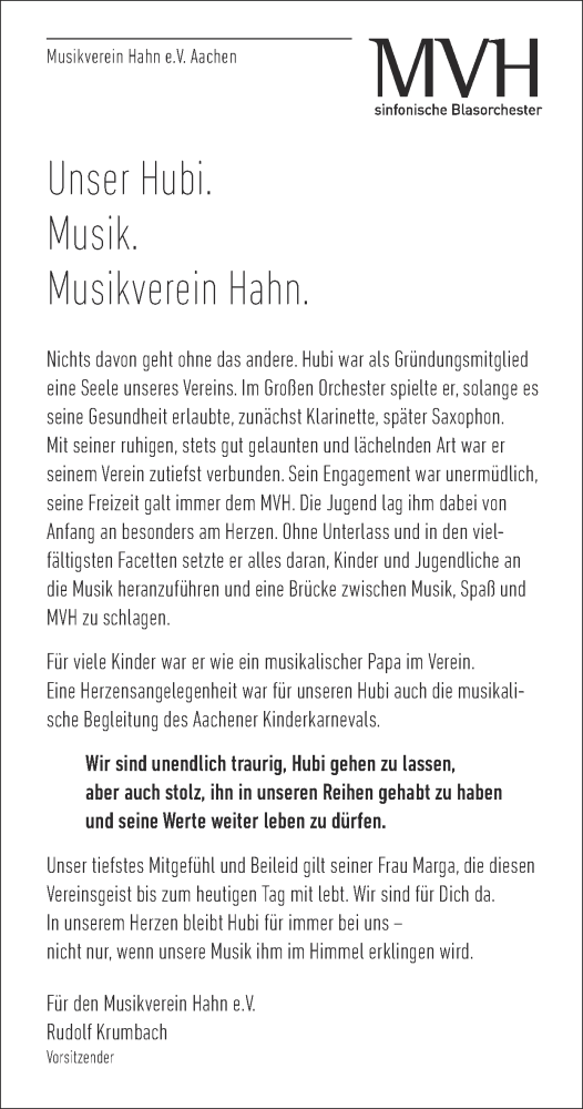 Traueranzeige von Hubi  von Zeitung am Sonntag