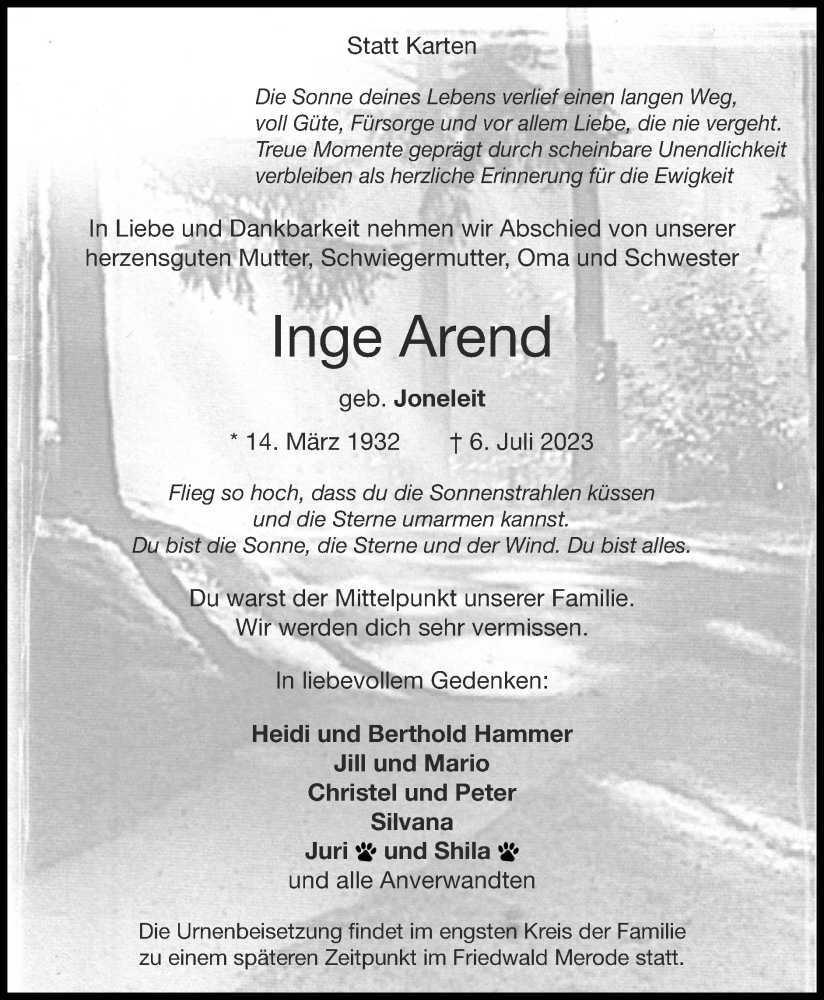  Traueranzeige für Inge Arend vom 16.07.2023 aus Zeitung am Sonntag