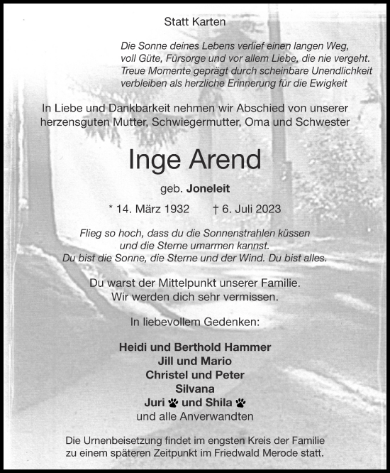 Traueranzeige von Inge Arend von Zeitung am Sonntag