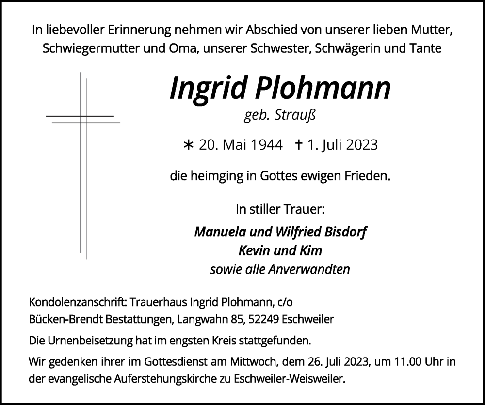 Traueranzeigen von Ingrid Plohmann Aachen gedenkt