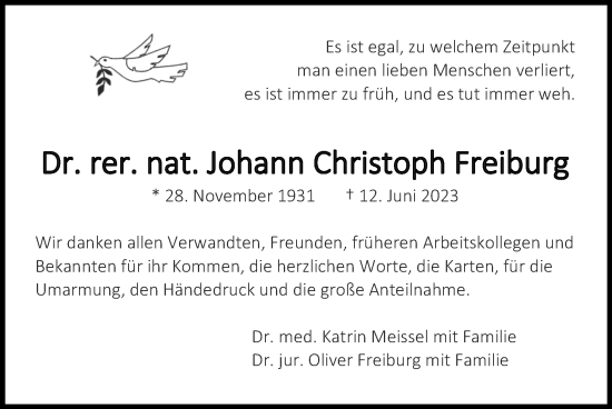 Traueranzeige von Johann Christoph Freiburg von Zeitung am Sonntag